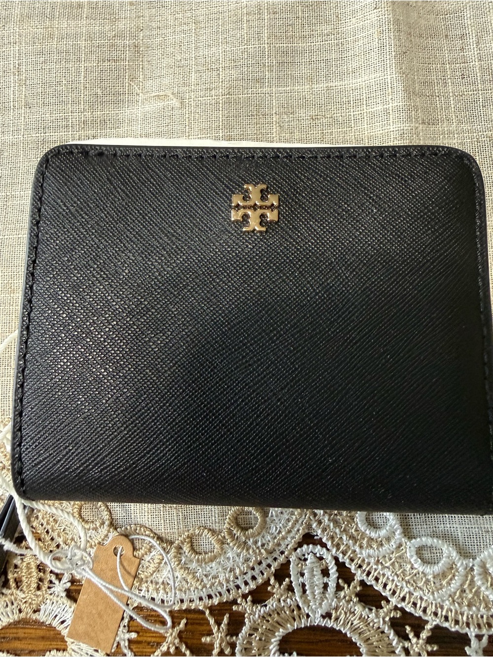 Tory Burch Black Leather Zip Compact Wallet with Gold Logo